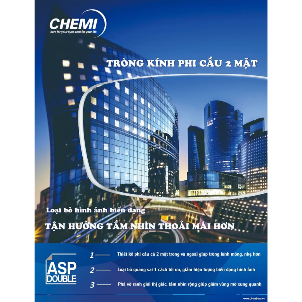 Tròng Kính Phi Cầu 2 Mặt Chemi Double Aspheric Hình Ảnh Tuyệt Đối Không Biến Dạng Chống Ánh Sáng Xanh Có Lắp Độ Yêu Cầu