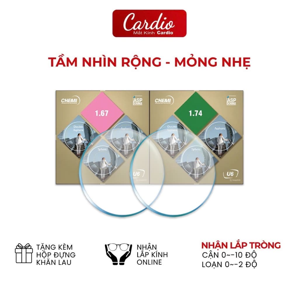 Tròng Kính Phi Cầu 2 Mặt Chemi Double Aspheric Hình Ảnh Tuyệt Đối Không Biến Dạng Chống Ánh Sáng Xanh Có Lắp Độ Yêu Cầu