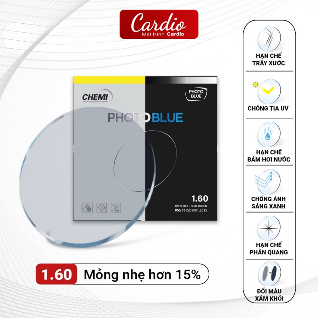 Tròng Kính Chemi PhotoBlue 1.60/1.67 Đổi Màu Chống Ánh Sáng Xanh Lắp Độ Theo Yêu Cầu