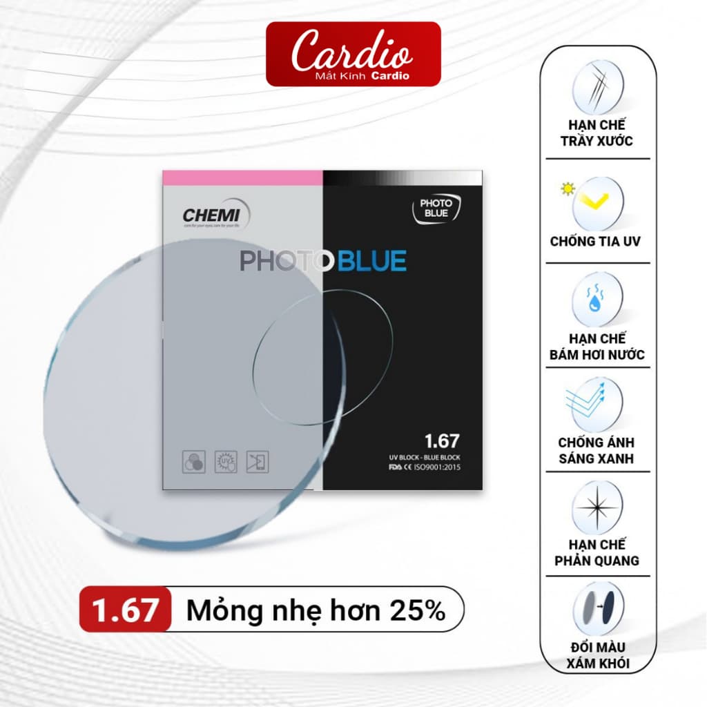 Tròng Kính Chemi PhotoBlue 1.60/1.67 Đổi Màu Chống Ánh Sáng Xanh Lắp Độ Theo Yêu Cầu