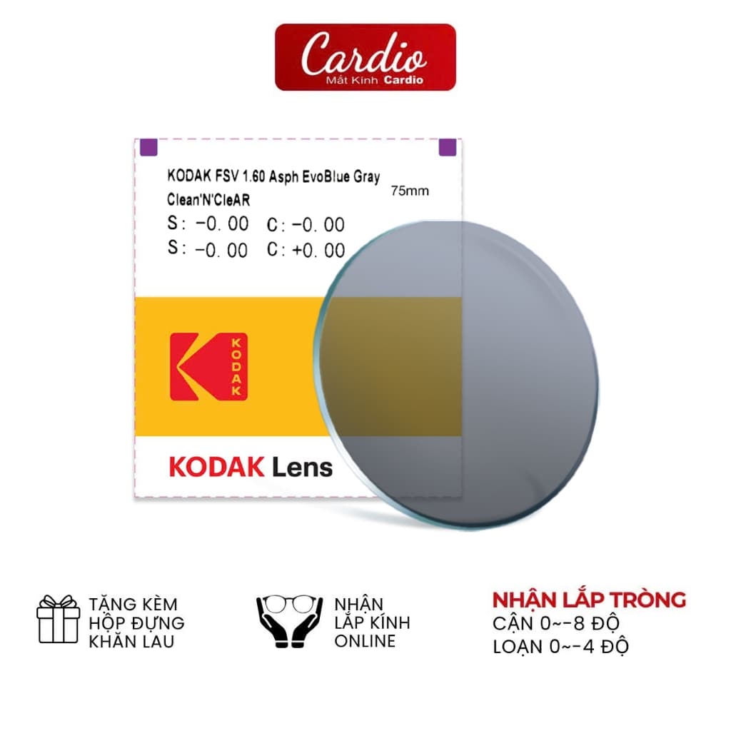 Tròng Kính Đổi Màu Khói Kodak 1.60 Asph EvoBlue Gray Clean'N CleAR Có Nhận Lắp Cận Loạn Yêu Cầu