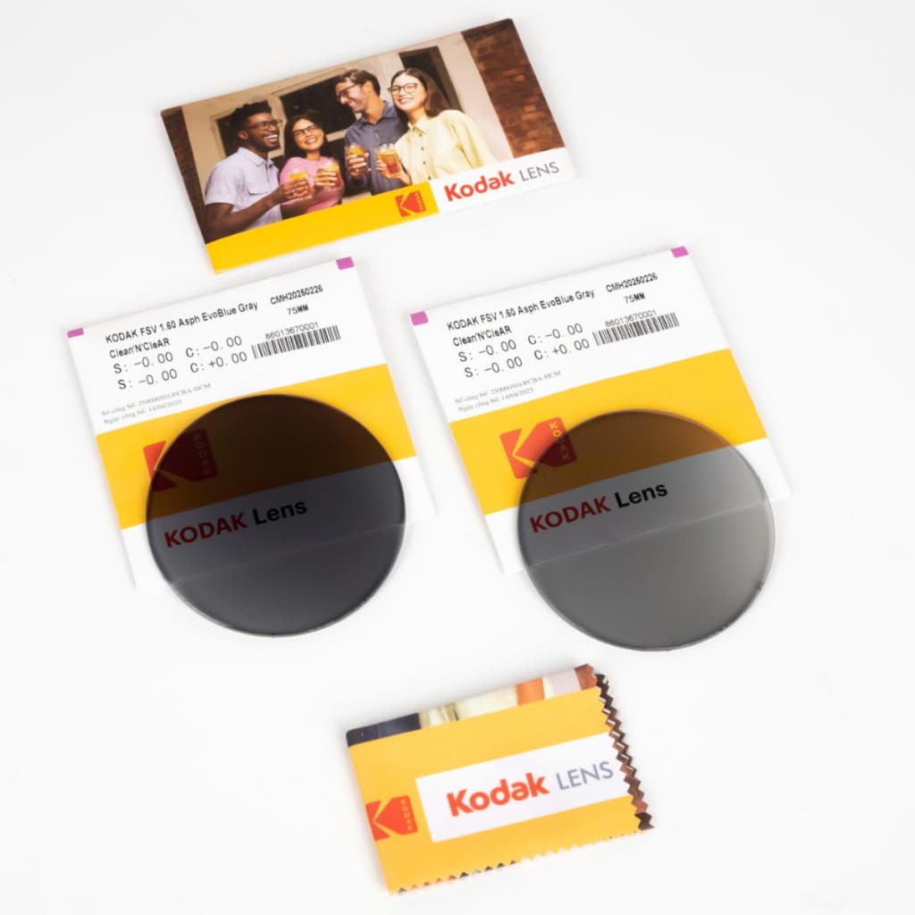 Tròng Kính Đổi Màu Khói Kodak 1.60 Asph EvoBlue Gray Clean'N CleAR Có Nhận Lắp Cận Loạn Yêu Cầu