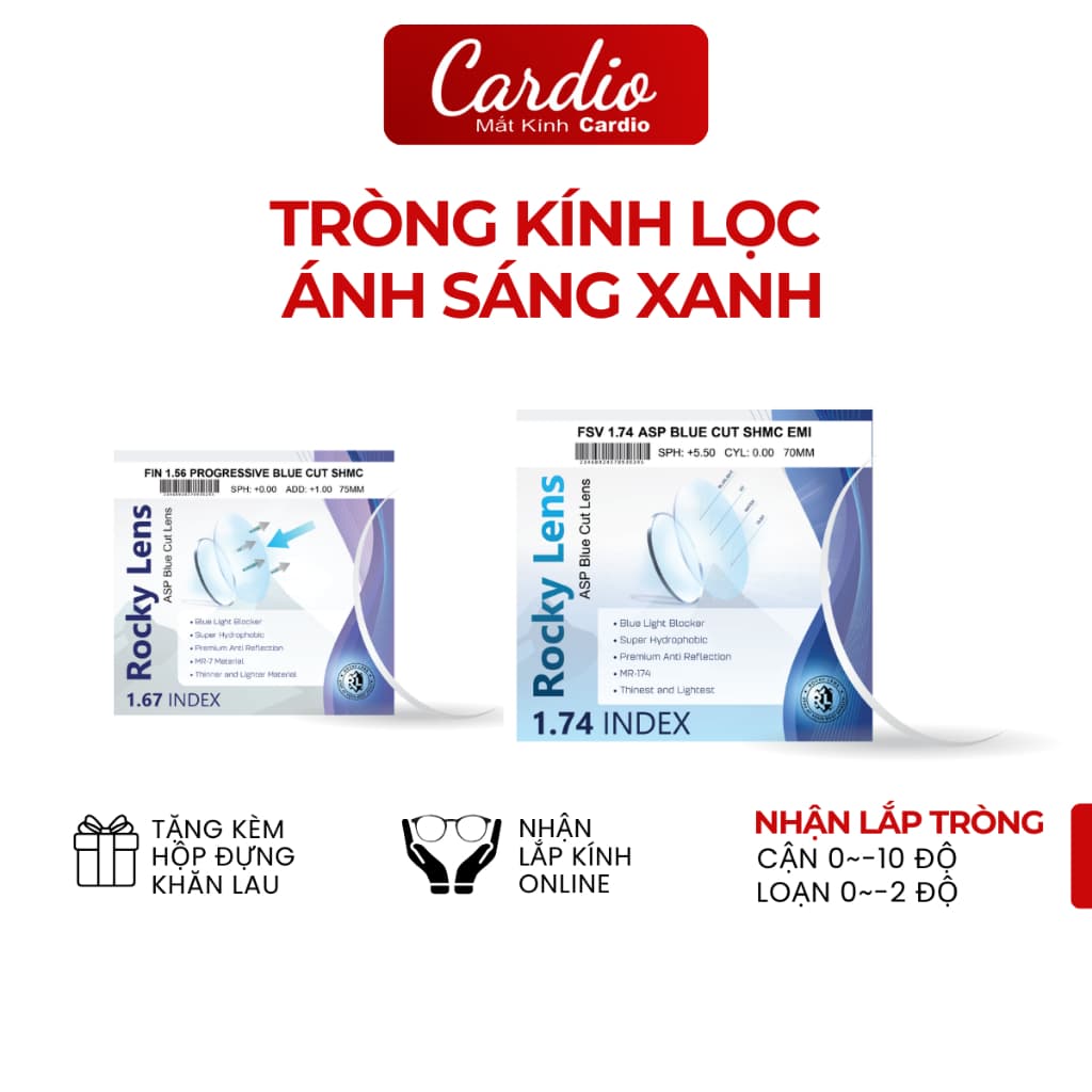 Tròng Kính Rocky BlueCut Chiết Suất Cao Lắp Được Độ Cao Tròng Siêu Mỏng Thương Hiệu Canada