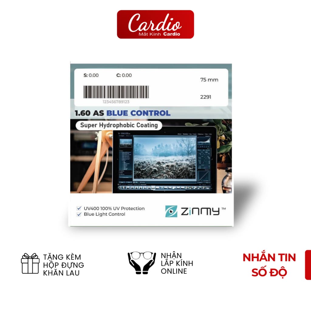 Tròng Kính Chống Ánh Sáng Xanh Zinmy 1.60 Cardio Nhận Lắp Độ Cận Yêu Cầu