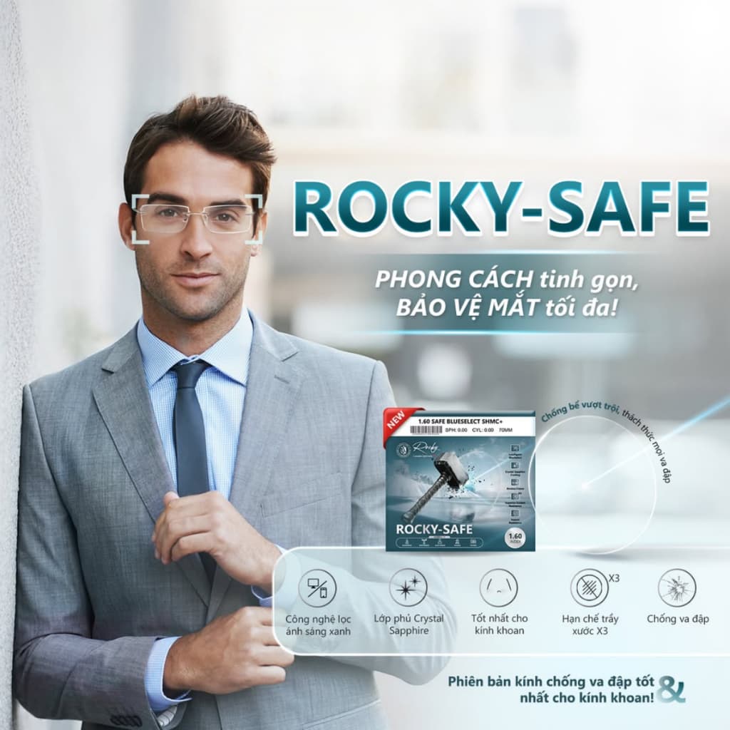 Tròng Kính Rocky Safe 1.60 Chống Bể Phù Hợp Làm Gọng Khoan Có Nhận Lắp Theo Độ Yêu Cầu
