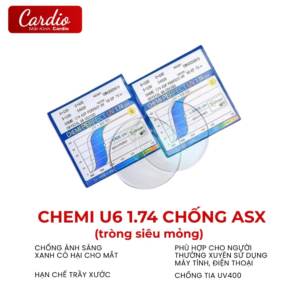 (Giá 1 cặp) Tròng Kính Cận Loạn Siêu Mỏng Chemi U6 Chiết Suất 1.74 Hàn Quốc Có Nhận Lắp Sẵn Theo Yêu Cầu