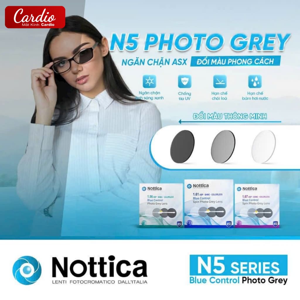 Tròng Kính Đổi Màu Chống Ánh Sáng Xanh N5 Series Nottica, Tròng Kính Cận Loạn Cao Cấp Có Nhận Thay Tròng