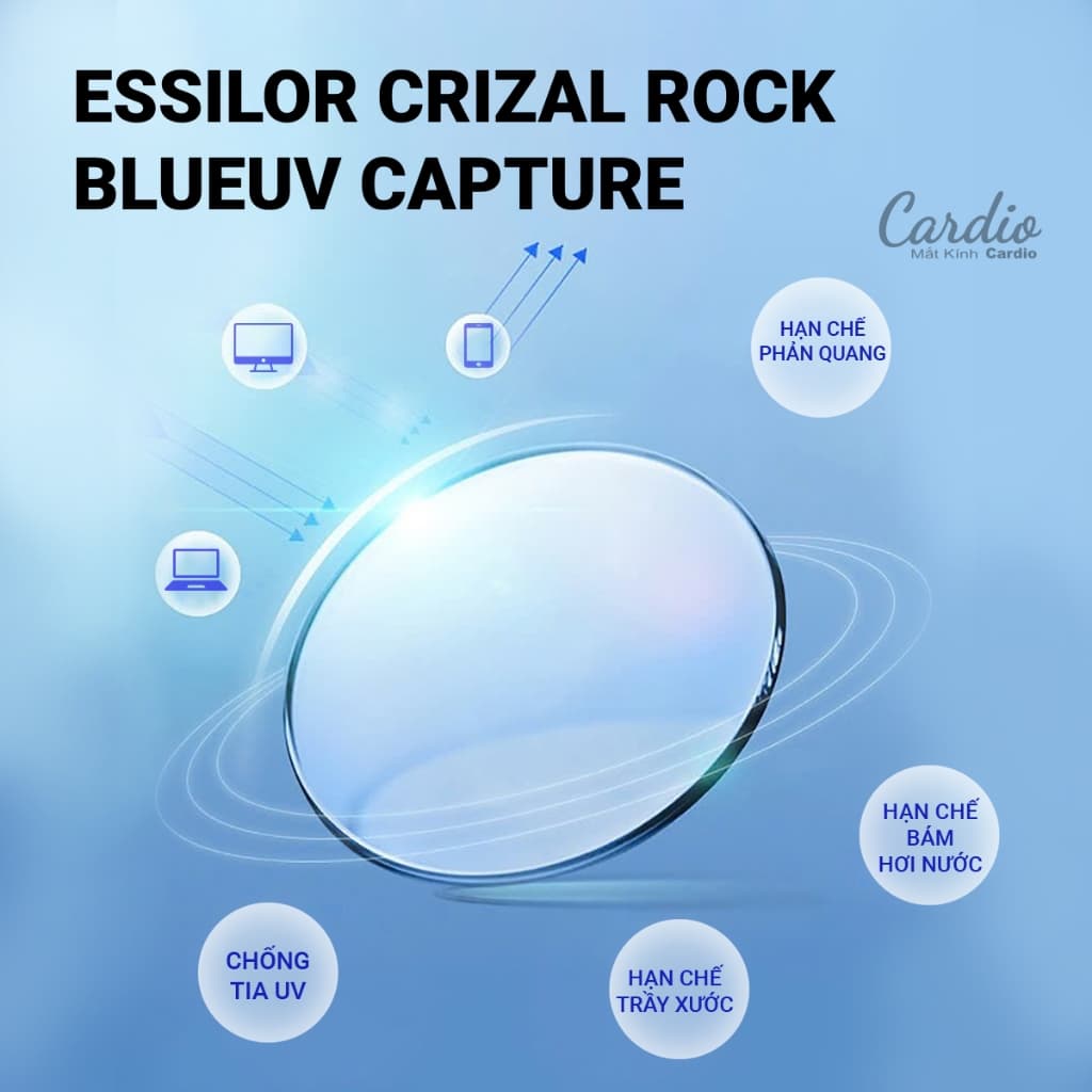 Tròng Kính Chống Ánh Sáng Xanh AS BlueUV Capture Crizal Rock Essilor Chiết Suất Cao Phù Hợp Cận Nặng