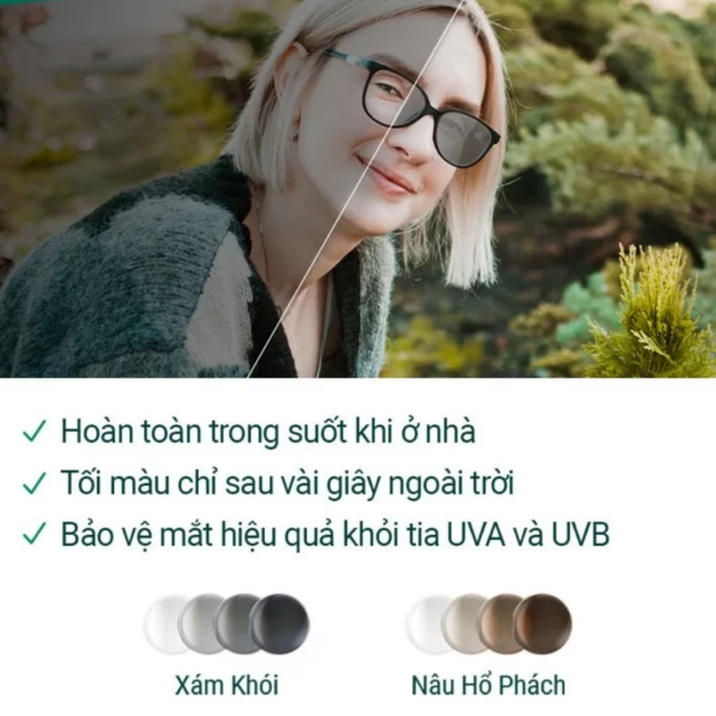 Tròng Kính Đổi Màu Essilor Crizal Transitions Classic Chống UV Ánh Sáng Xanh Đổi Màu Cực Nhanh