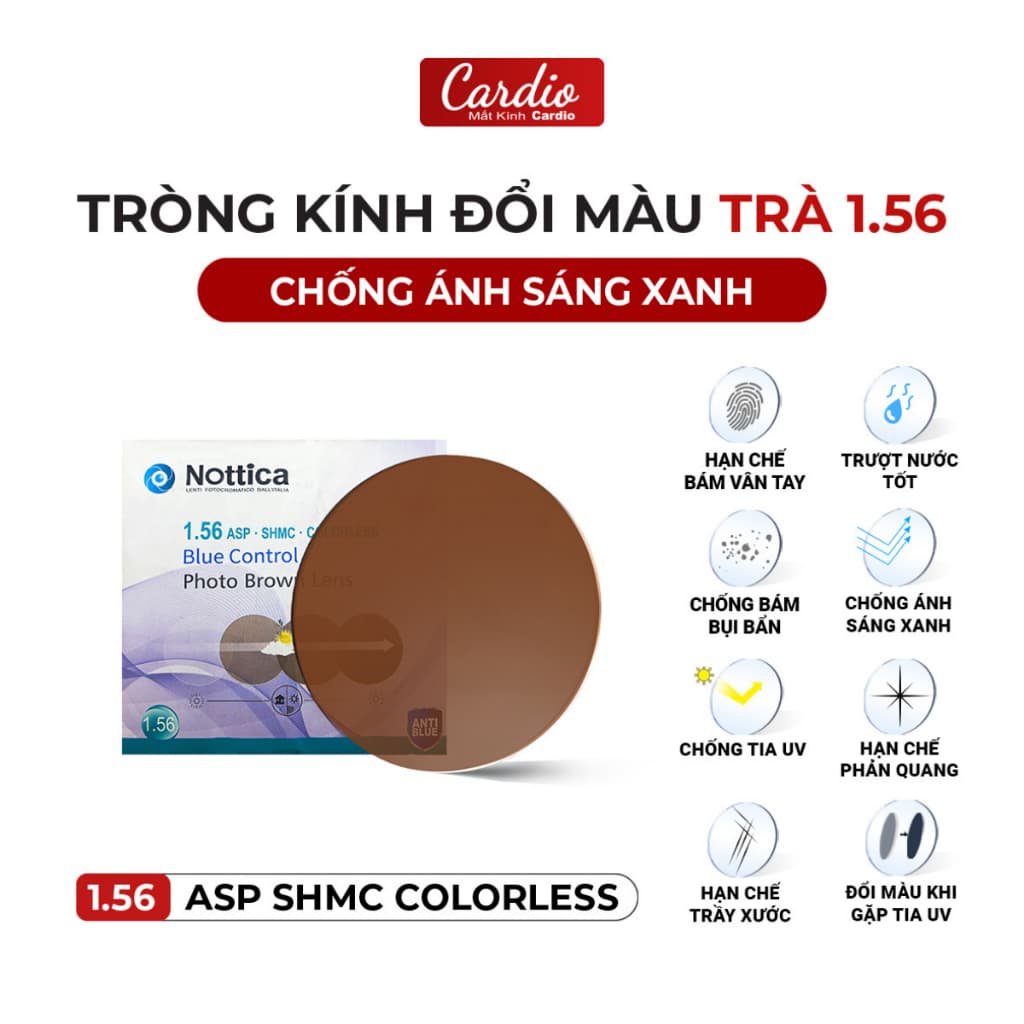 Tròng Kính Nottica Đổi Màu Trà Lọc Ánh Sáng Xanh Chiết Suất 1.56 Lắp Được Cận Loạn Yêu Cầu