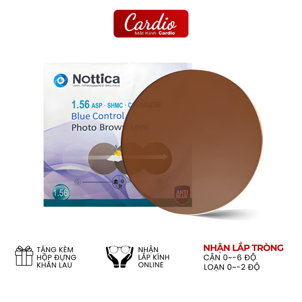 Tròng Kính Nottica Đổi Màu Trà Lọc Ánh Sáng Xanh Chiết Suất 1.56 Lắp Được Cận Loạn Yêu Cầu