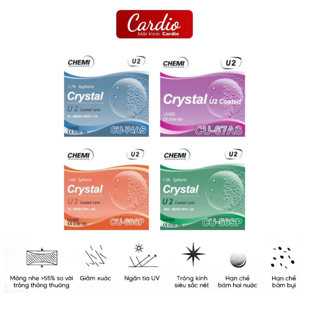Tròng Kính Cận Chemi Crystal U2 Coated Chống UV400 Hàn Quốc Lắp Được Độ Cận Loạn Yêu Cầu