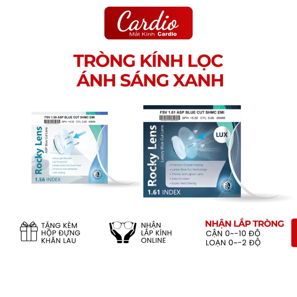Tròng Kính Rocky BlueCut Lọc Ánh Sáng Xanh Thương Hiệu Canada Có Hỗ Trợ Lăp Kính Cardio