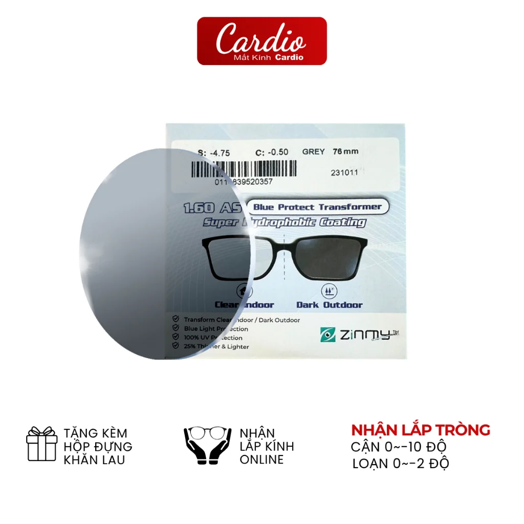 Tròng Kính Đổi Màu Khói Chống UV Zinmy 1.60 AS Đổi Màu Thời Trang Cardio Có Nhận Lắp Tròng Theo Độ Yêu CầuZINMY Transfo 1
