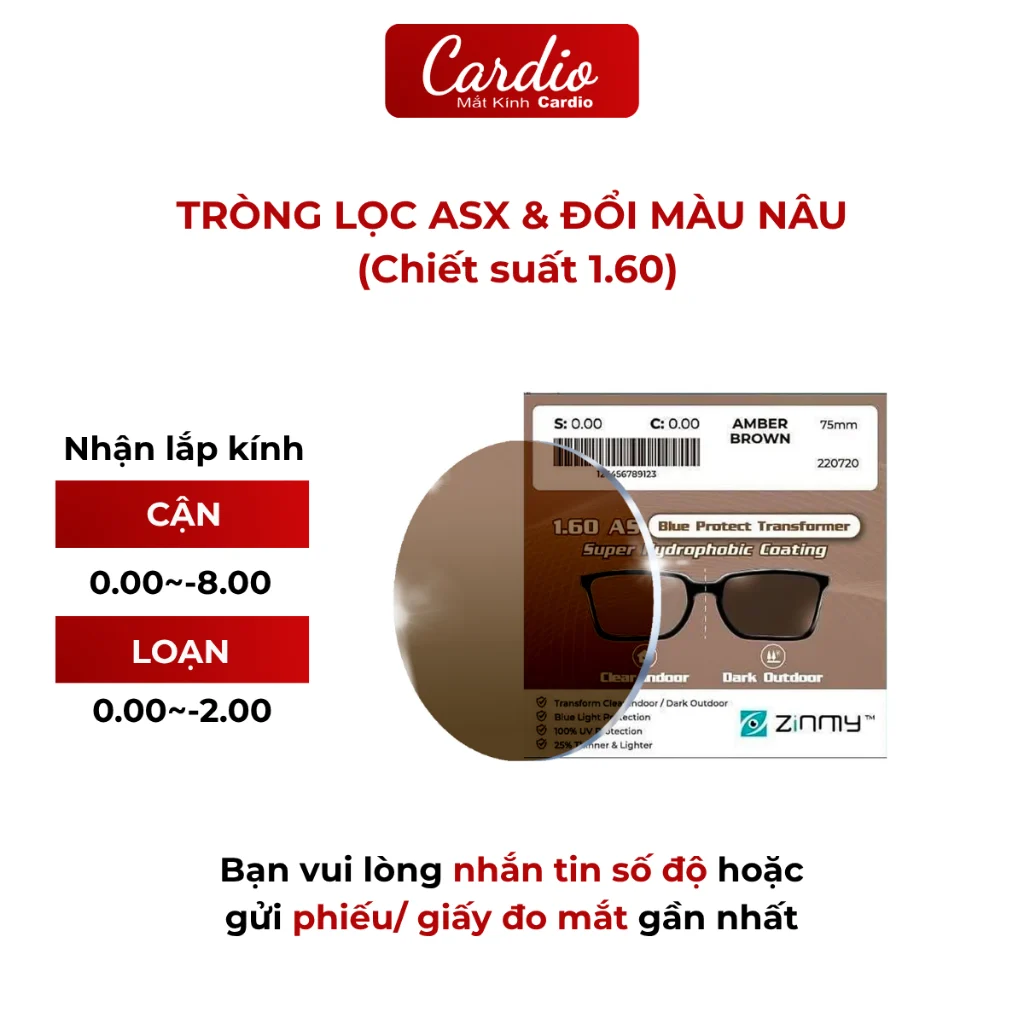 Tròng Kính Đổi Màu Khói Chống UV Zinmy 1.60 AS Đổi Màu Thời Trang Cardio Có Nhận Lắp Tròng Theo Độ Yêu CầuZINMY Transfo 6