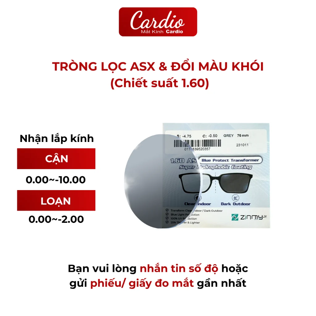 Tròng Kính Đổi Màu Khói Chống UV Zinmy 1.60 AS Đổi Màu Thời Trang Cardio Có Nhận Lắp Tròng Theo Độ Yêu CầuZINMY Transfo 7