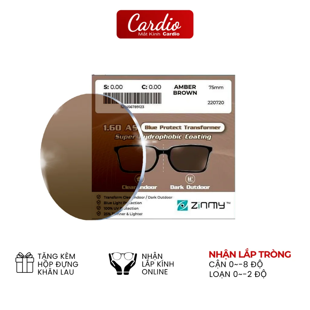 Tròng Kính Đổi Màu Nâu Trà Zinmy 1.60 AS Lọc Ánh Sáng Xanh Chống UV Cardio Có Nhận Lắp Tròng Cận Loạn Yêu Cầu 1