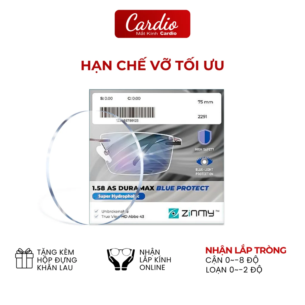 Tròng Kính Zinmy 1.58 AS Duramax Chống Ánh Sáng Xanh Hạn Chế Vỡ Tối Ưu Có Nhận Lắp Độ Cận Loạn Yêu Cầu 1