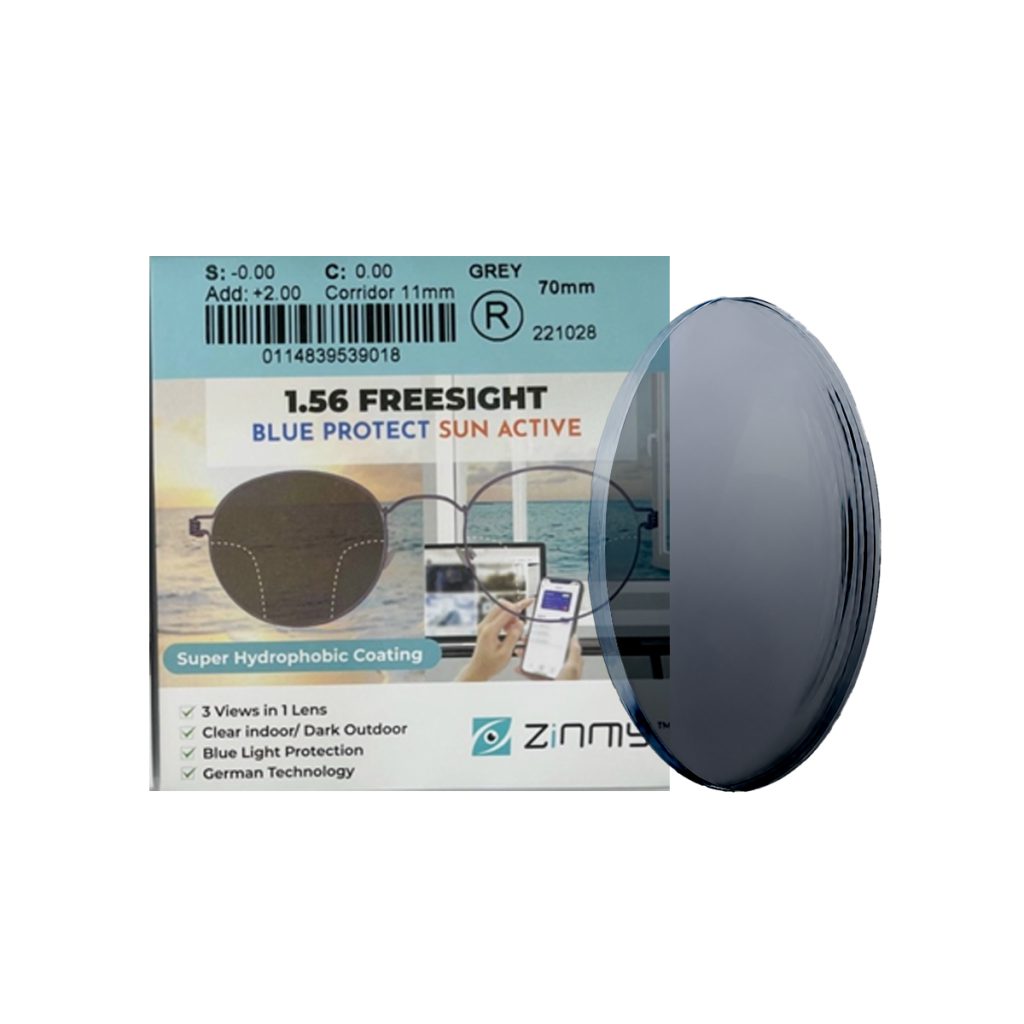 Tròng Kính Đa Tròng Đổi Màu Zinmy 1.56 Freesight Blue Protect Sun Active Grey