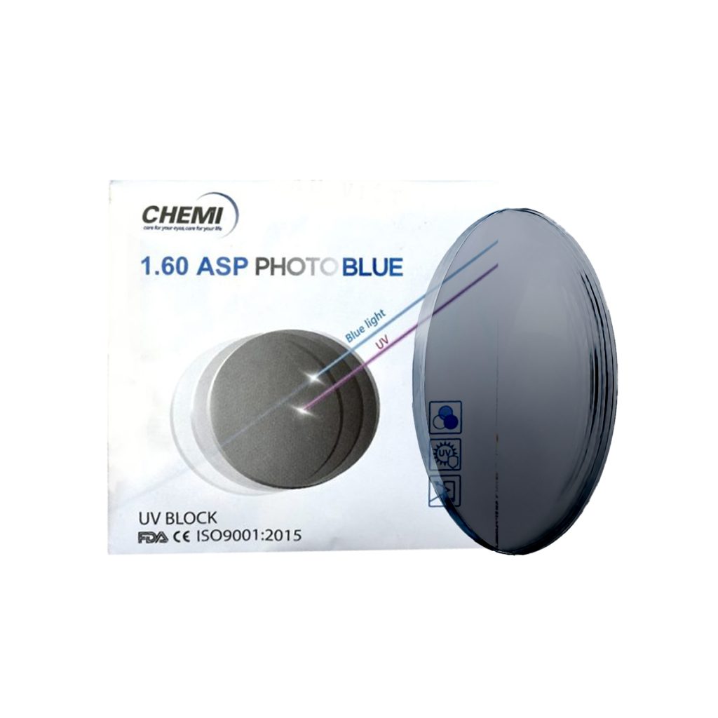 Tròng Kính Đổi Màu Lọc Ánh Sáng Xanh Chemi 1.60 ASP Photo Blue Coated Gray