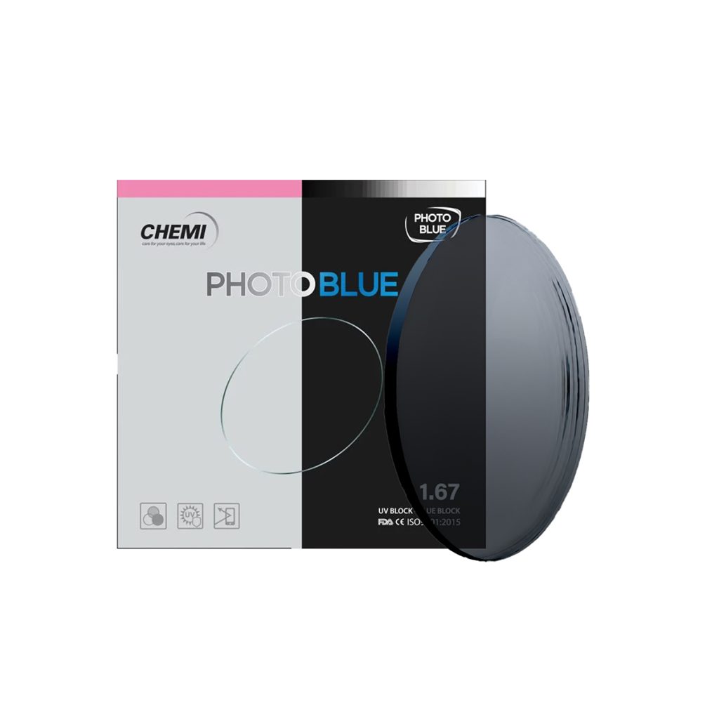 Tròng Kính Đổi Màu Lọc Ánh Sáng Xanh Chemi 1.67 ASP Photo Blue Coated Gray