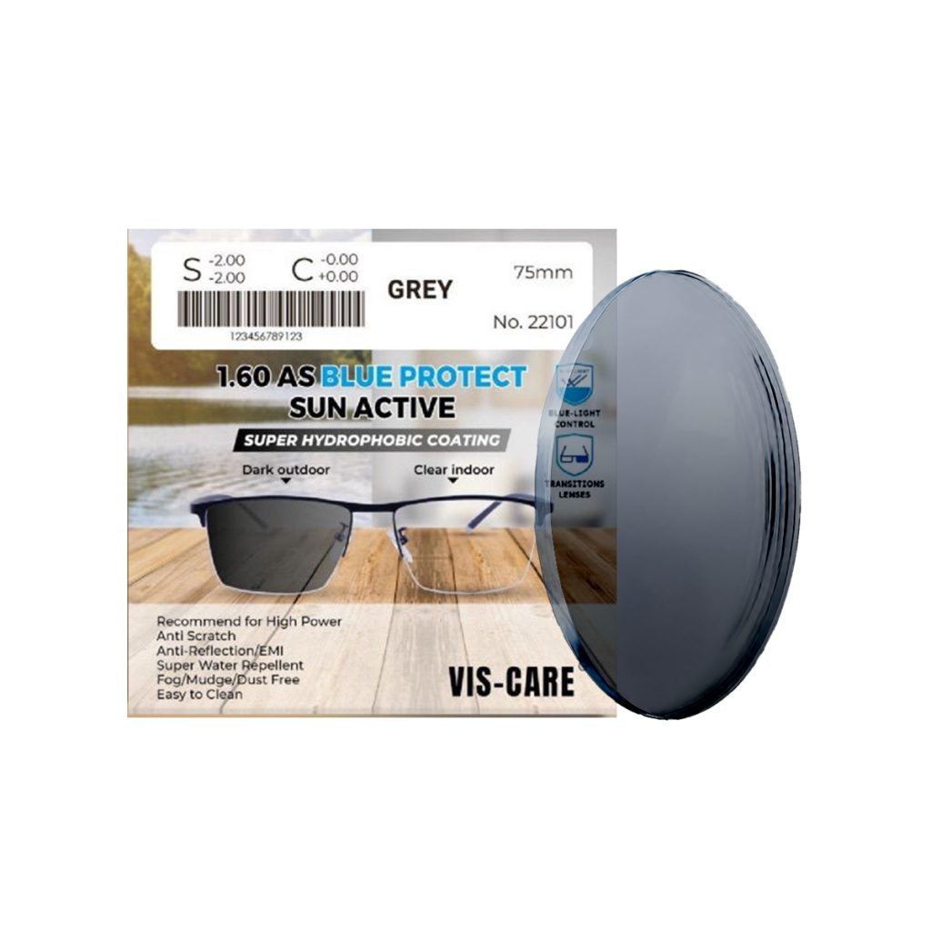 Tròng Kính Đổi Màu Viscare 1.60 Blue Protect Sun Active Grey